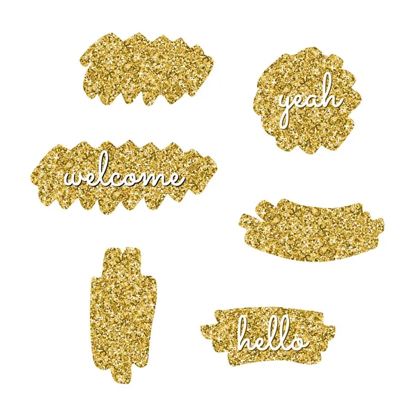 Set van gouden glitter plekken met inscripties welkom, ja en Hallo. Gouden sprankelende penseelstreken. — Stockvector
