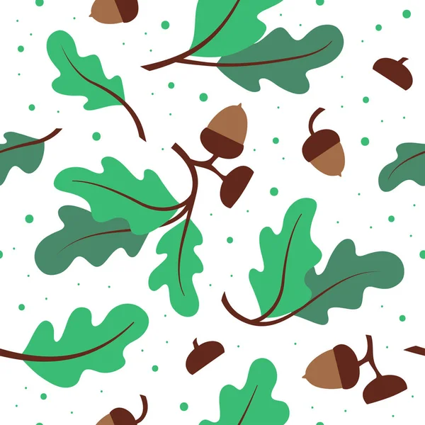 Seamless pattern with green oak leaves and acorns. — Stock Vector