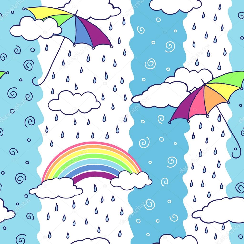 Seamless pattern with colorful umbrellas and rainbow. 