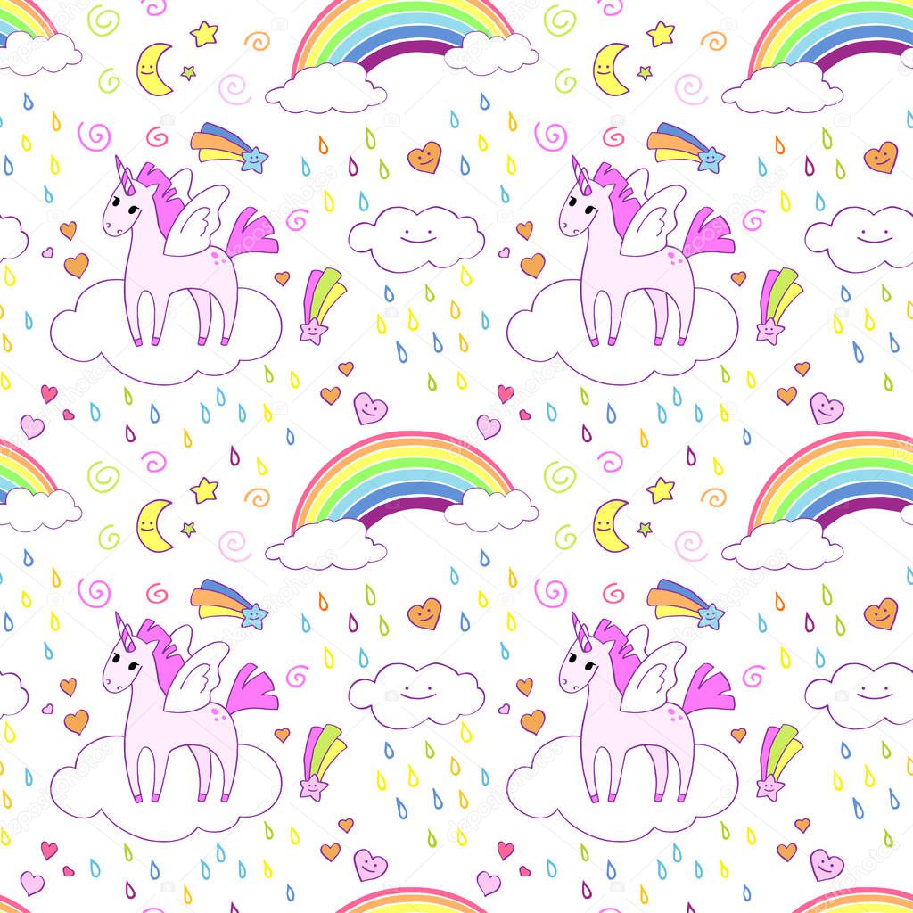 Seamless pattern with bright cute unicorns and rainbows. 