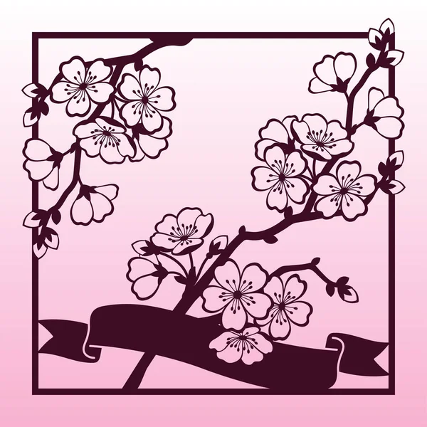 Ветвь вишни или сакуры цветет. Шаблон лазерной резки . — стоковый вектор