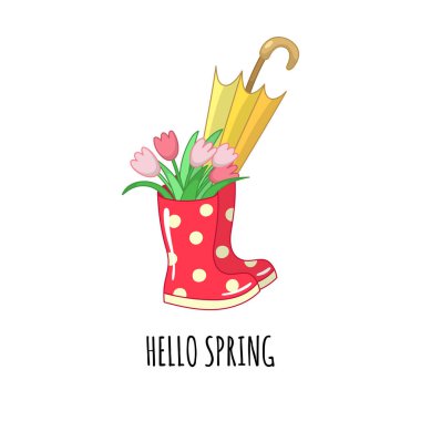 Bir buket laleler ve bir şemsiye ile kırmızı noktalı lastik çizmeler.