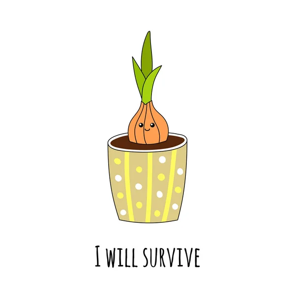 Lovely smiling houseplant in a hand-drawn style. Inspirational inscription I will survive. — Stock Vector