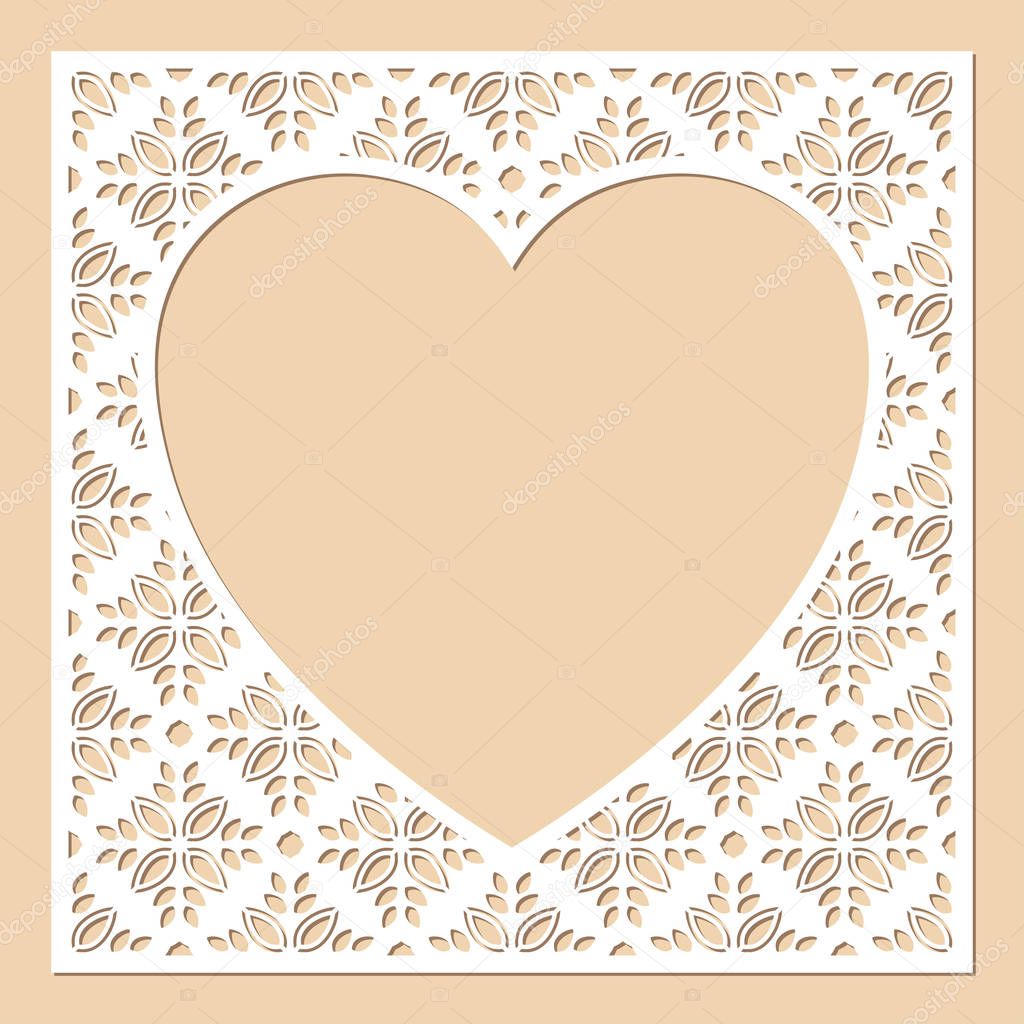 White openwork frame with heart inside. Laser cutting template.