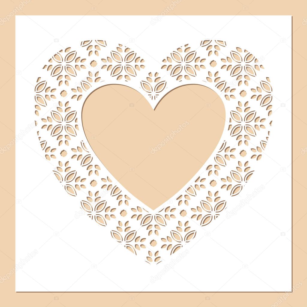 White frame with openwork heart. Laser cutting template.