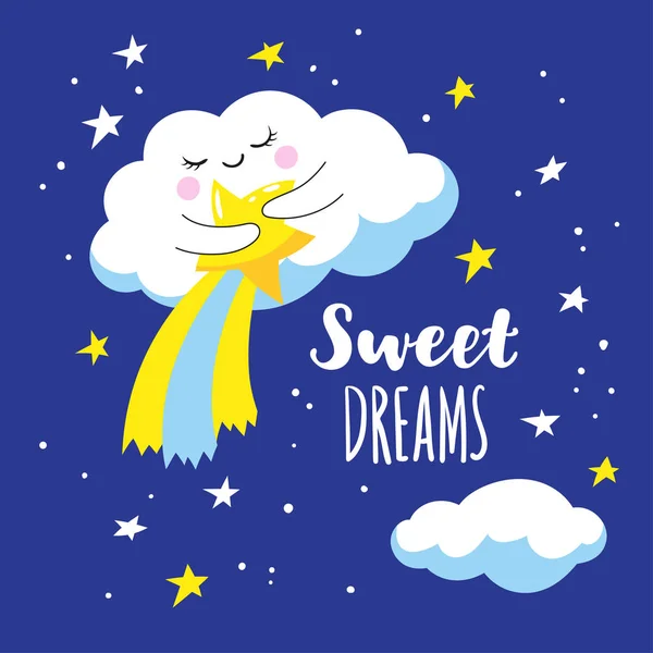 Cute cloud with comet and stars in space. — Stock Vector