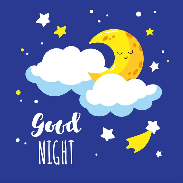 Linda media luna de dibujos animados y nubes en el cielo nocturno. Inscripción manuscrita Buenas noches . — Vector de stock