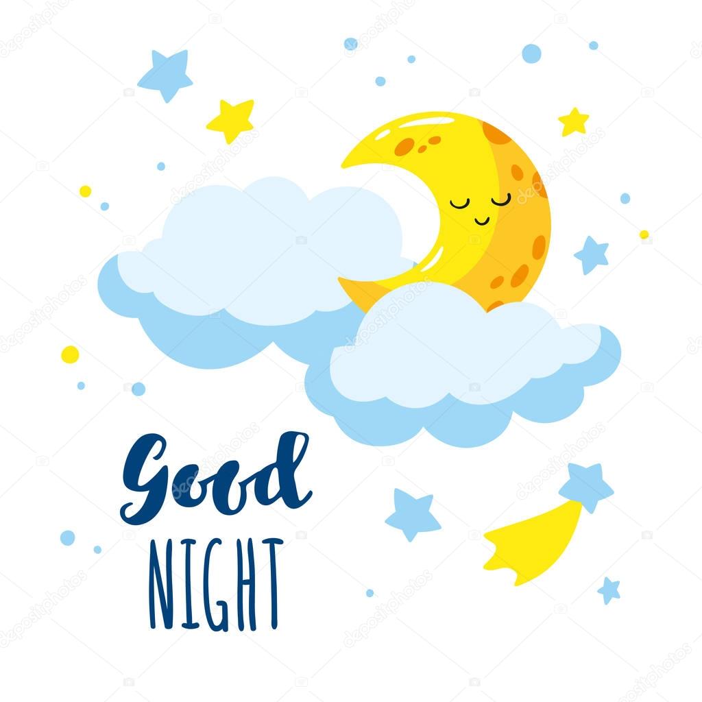 Cute cartoon crescent and clouds in the sky. Handwriting inscription Good night.