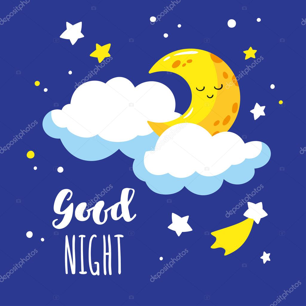 Cute cartoon crescent and clouds in the night sky. Handwriting inscription Good night.