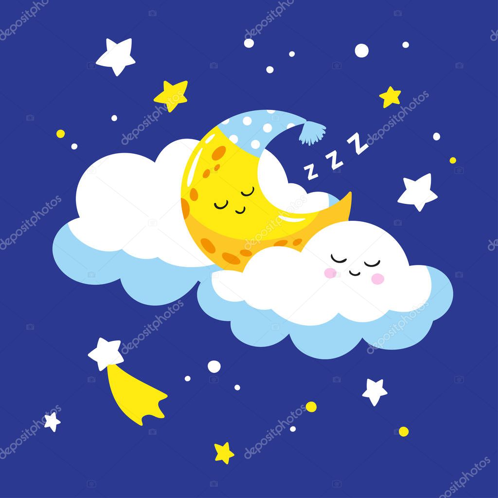 Cute crescent sleeping on a cloud. 