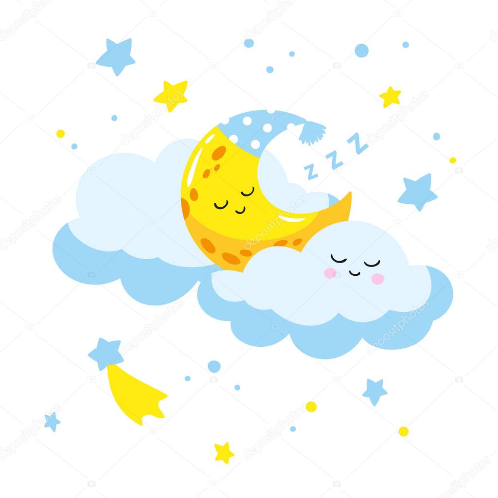 Cute cartoon crescent sleeping on a cloud. 