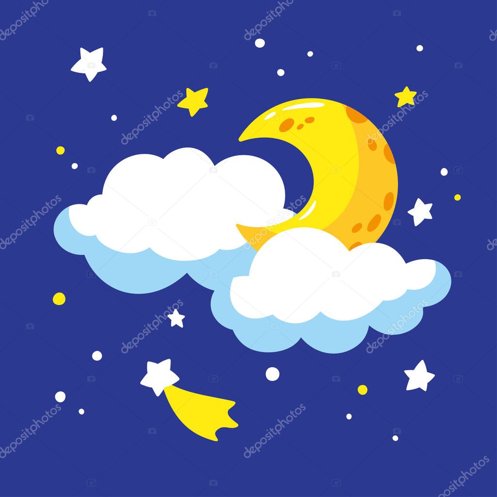 Cartoon crescent and clouds in the night sky.