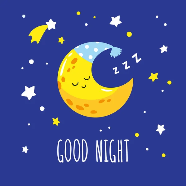 Bella luna crescente addormentata nel cielo notturno. Iscrizione scritta a mano buona notte . — Vettoriale Stock
