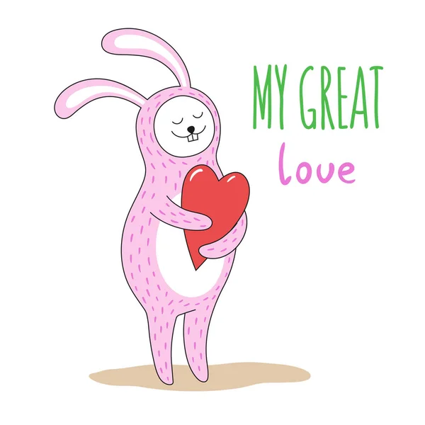 Lindo conejo rosa con un gran corazón rojo en sus patas. Inscripción manuscrita Mi gran amor . — Vector de stock
