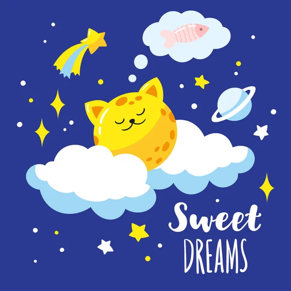 Precioso gato-luna en las nubes en el cielo nocturno . — Vector de stock