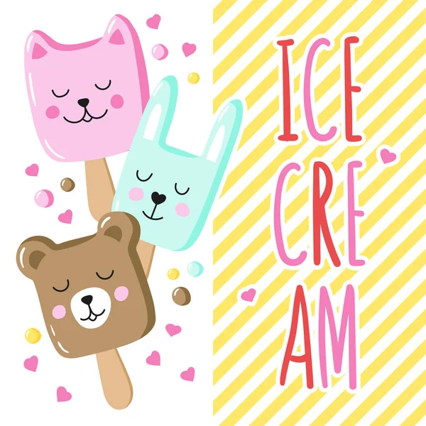 A bright background with a charming animal ice cream and a hand-written inscription. — Stock Vector