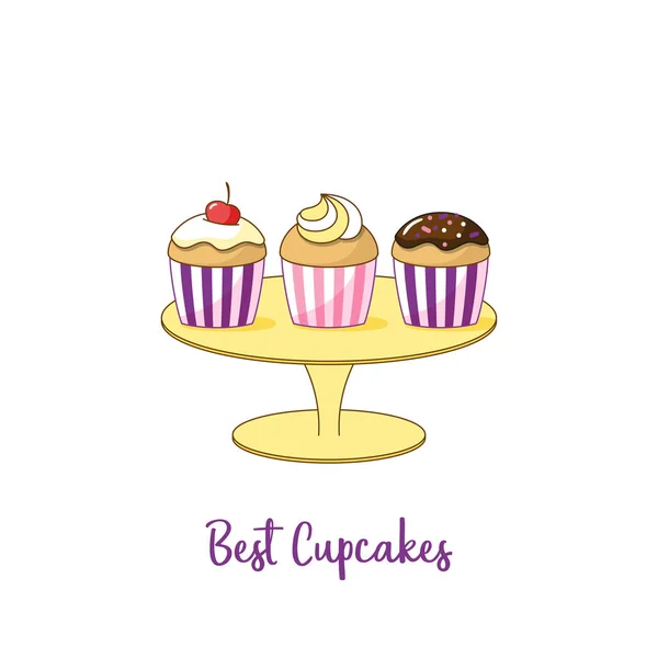 Three cupcakes on a stand isolated on a white background. — Stock Vector