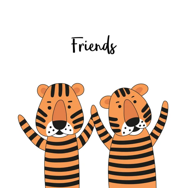 Two cute cartoon tigers friends. — Stock Vector