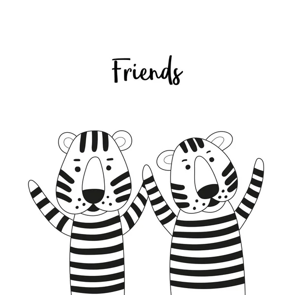 Two cute cartoon tigers friends. Black and white coloring page. — Stock Vector
