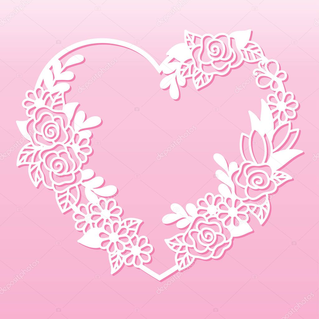 Openwork wreath of flowers in the shape of a heart. Laser cutting template.