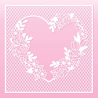 Ajur kalp ve gül ile çerçeve çiçek. Lazer kesme şablonu.