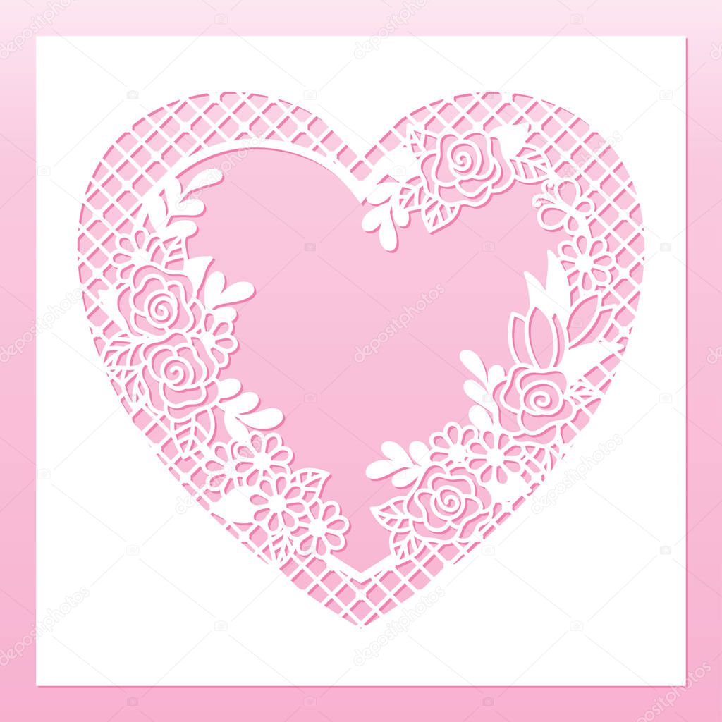 Openwork floral frame with heart and roses. Laser cutting template.