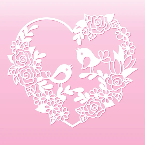 Openwork heart with flowers and birds. Laser cutting template. — Stock Vector