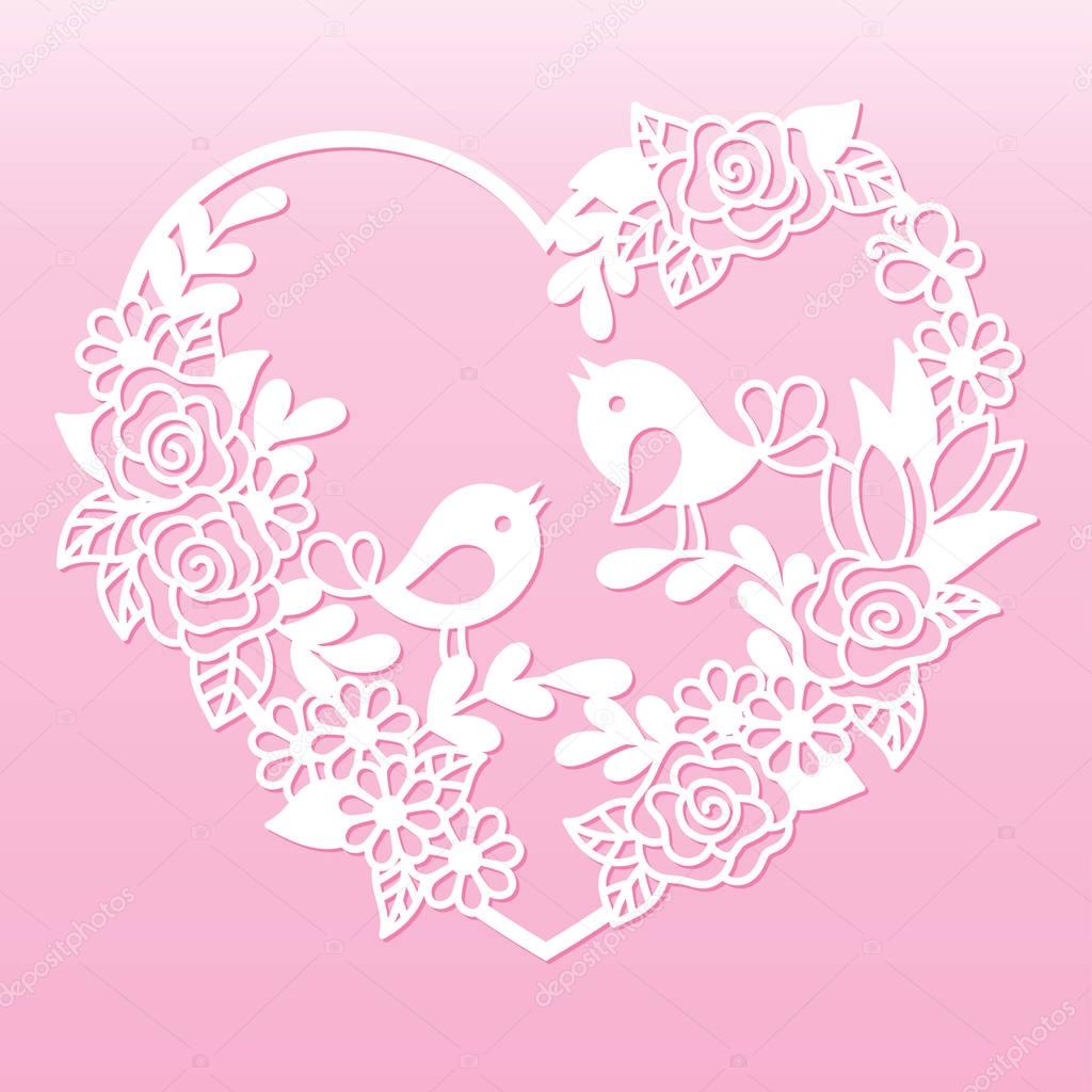 Openwork heart with flowers and birds. Laser cutting template.