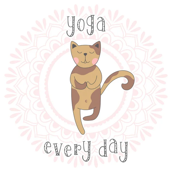 Lindo gato de dibujos animados practicando yoga, de pie en Vrksasana ejercicio con namaste . — Vector de stock