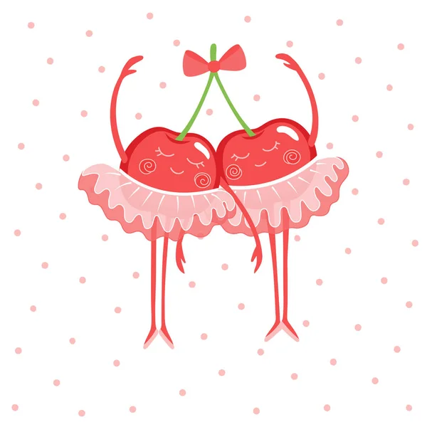 Twee schattige cherry ballerina's in rok-tutu en pointe-schoenen. — Stockvector