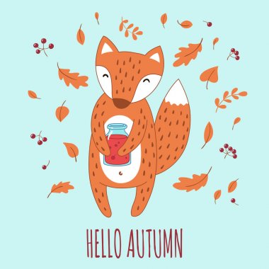 Güzel fox onun pençeleri reçel kavanoz ile. Vektör çizim.