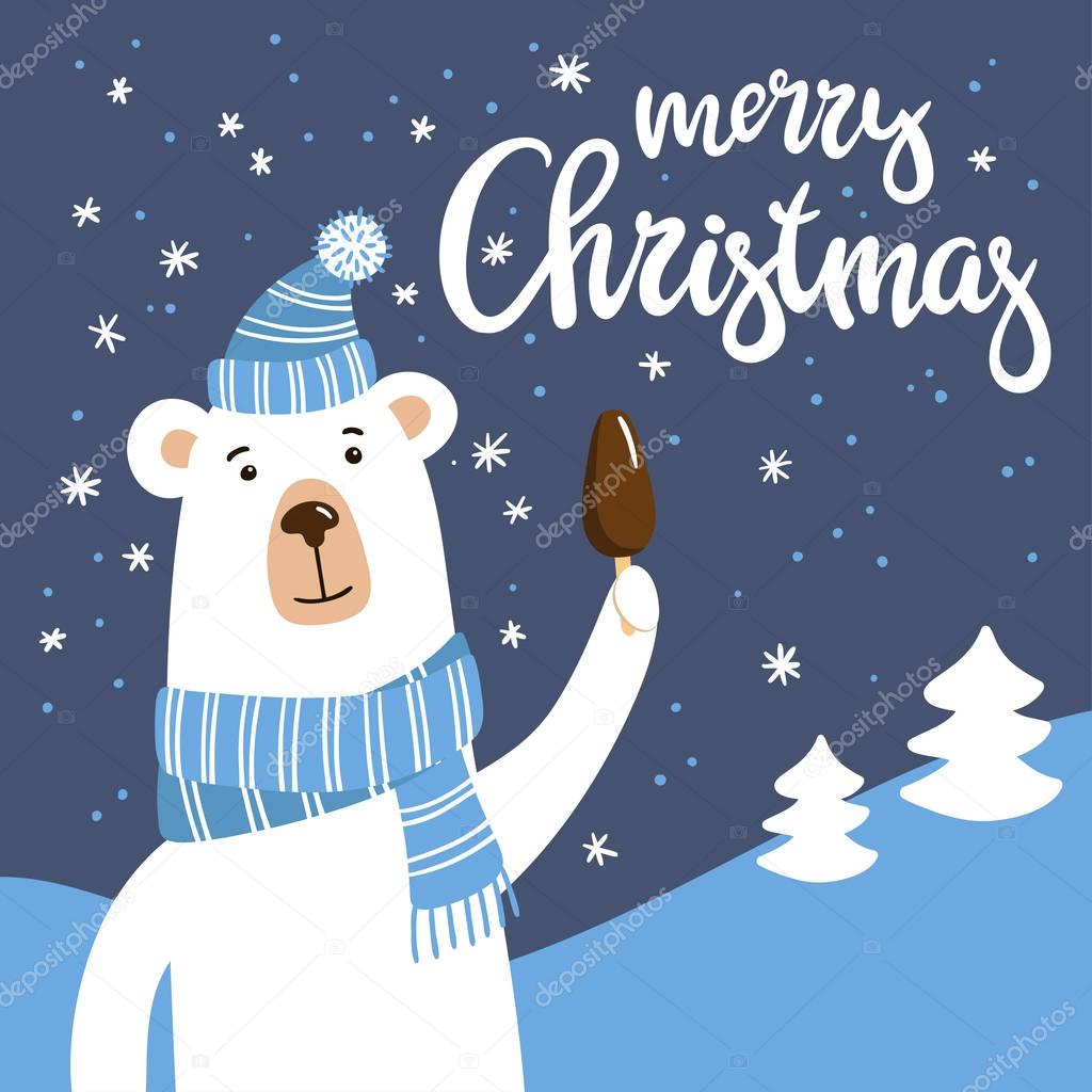 Smiling cartoon polar Bear with choolate ice cream and Merry Christmas inscription.