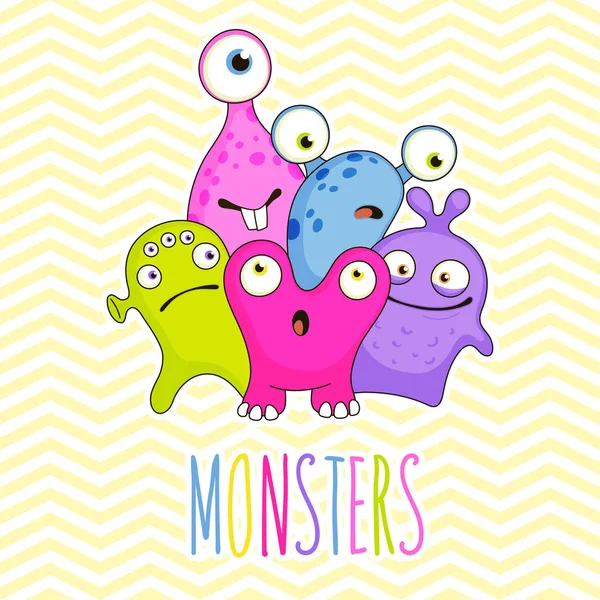 Çok güzel çizgi film canavarlar. Tebrik kartı vektör şablonu.