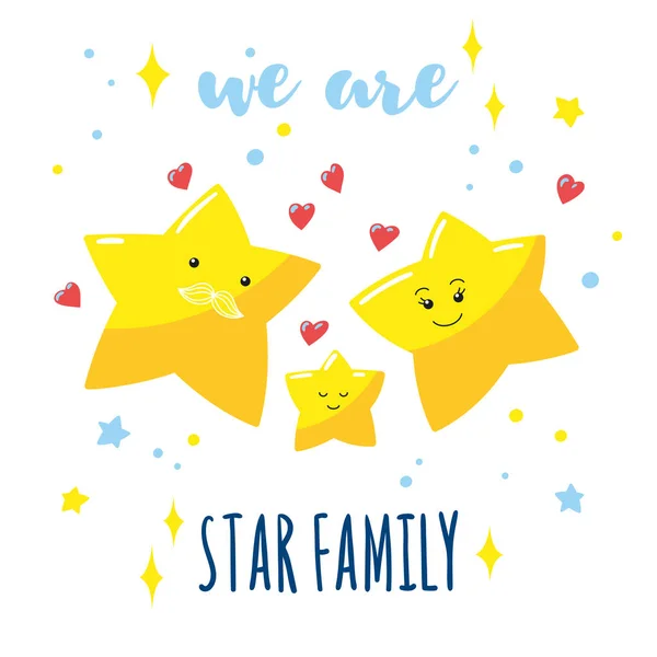 Family of cute stars in the sky and a hand-written inscription. Cartoon dad, mom and their baby. — Stock Vector