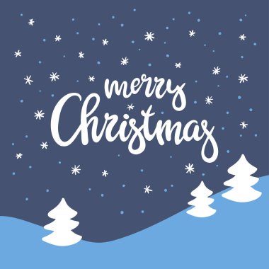Kış manzara ve güzel el yazısı yazıt mutlu Noeller. Vektör arka plan.