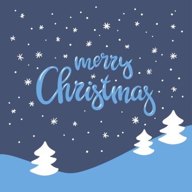 Kış manzara ve güzel el yazısı yazıt mutlu Noeller. Vektör arka plan.