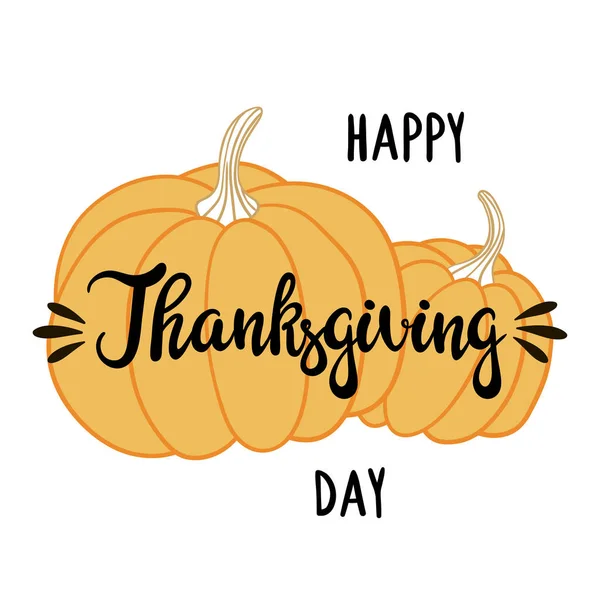 Pumpor och handskriven inskription Happy Thanksgiving Day. Vector bakgrund. — Stock vektor