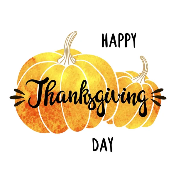 Suluboya kabaklar ve elle yazılmış kitabe mutlu şükran günü. Vektör arka plan.