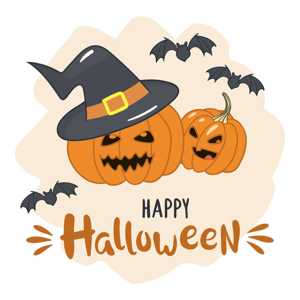 Halloween pumpkins with witch hat and inscription Happy Halloween. Vector illustration.