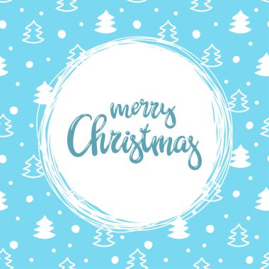 Elle yazılmış kitabe Merry Christmas ve desen küçük Noel ağaçları ile. Vektör arka plan.