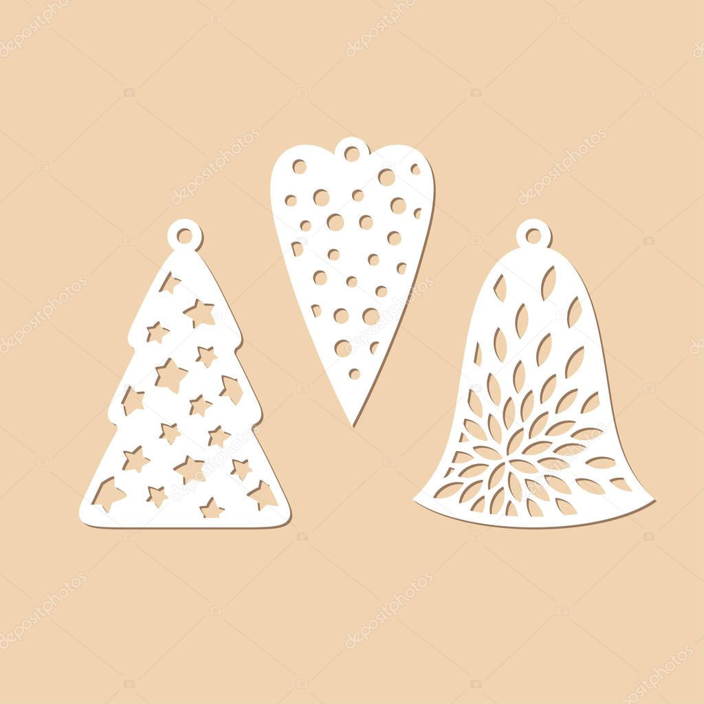 Set carved Christmas decorations. Openwork. Laser cutting vector template.