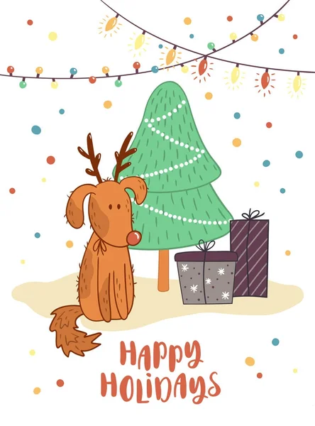 Funny dog with deer horns, Christmas tree and gifts. — Stock Vector