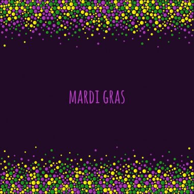 Mardi gras noktalı deseni ile metin için yer. Çeşitli büyüklükteki koyu mor arka plan üzerinde renkli noktalar.