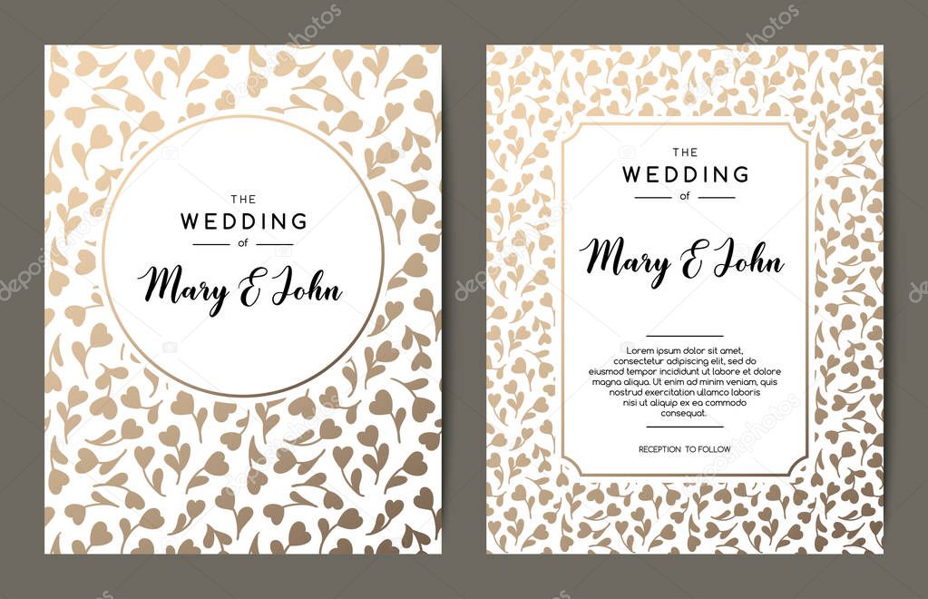 Elegant wedding invitation backgrounds. Card design with gold floral ornament.
