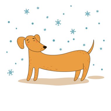 Komik çizilmiş dachshund. Belgili tanımlık köpek içinde belgili tanımlık kış yürür.
