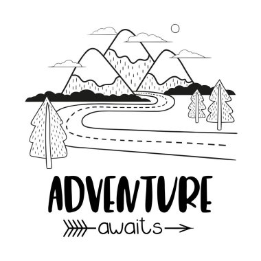 Yol ve ağaçları ile minimalist dağ manzarası. El yazısı