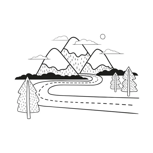 Minimalista hegyi táj, a közúti és a fák. — Stock Vector