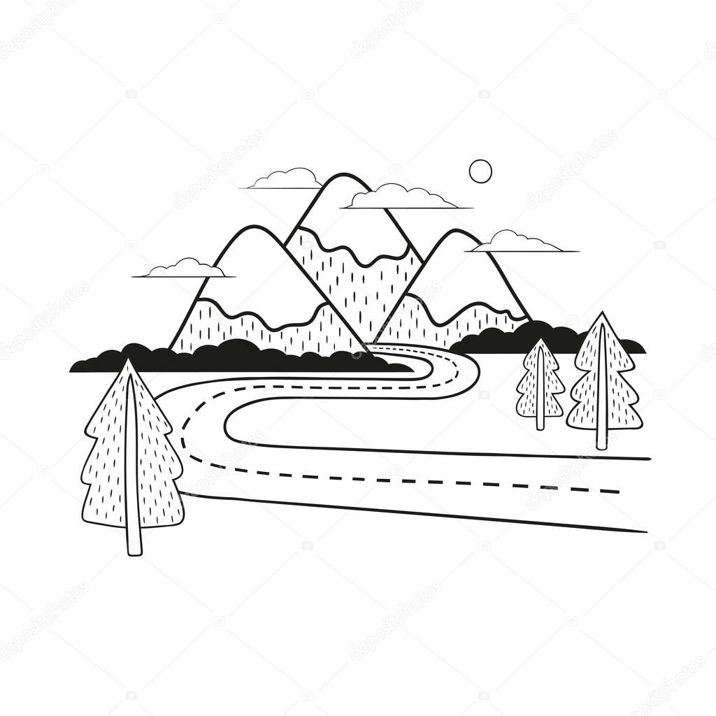 Minimalistic mountain landscape with road and trees. 