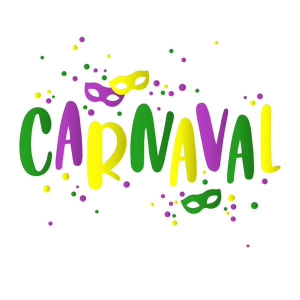 Evento popular Brasil Carnaval Título. Plantilla vectorial de inscripción colorida con máscaras y confeti . — Vector de stock