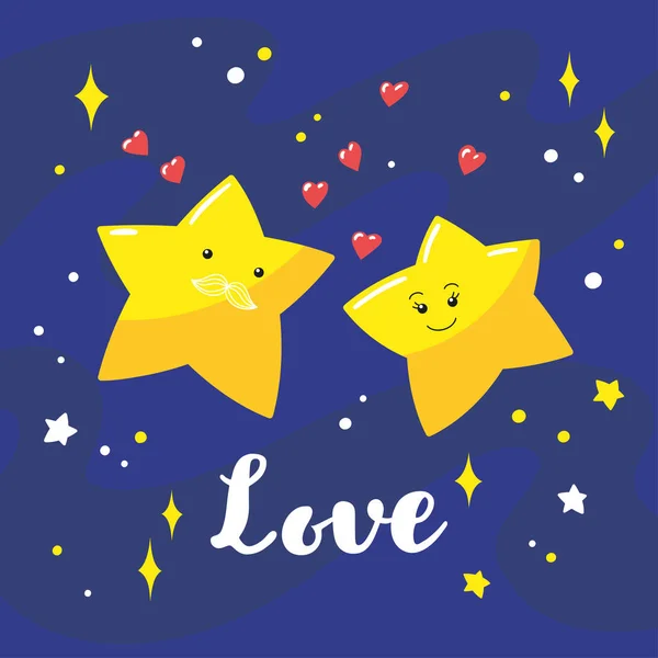 Paar niedliche Cartoon-Sterne am Nachthimmel und eine handgeschriebene Inschrift Liebe. — Stockvektor